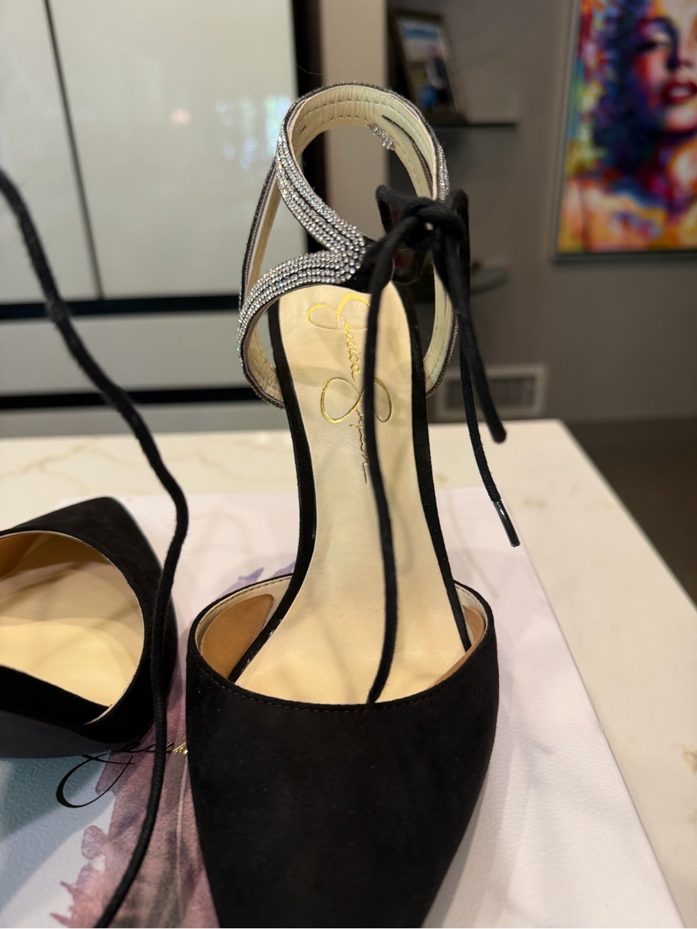🆕 Jessica Simpson Black Suede Pointed Toe Rhinestone Ankle Tie Heels - Picture 5 of 17